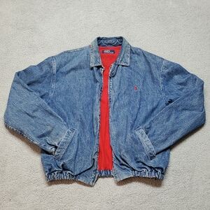 Vintage Polo Ralph Lauren Men's Blue Denim Jacket with Red Interior Size L